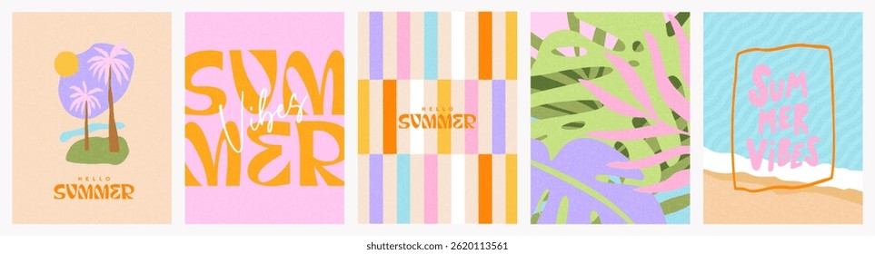 Creative concept of summer vacation cards set with abstract pattern, tropical leaves, plants, palms and sea beach. Modern art design templates for ads, branding, banner, cover, label, poster, print