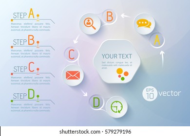 Creative concept template with round composition of circle pictograms flowchart and four steps with text captions vector illustration