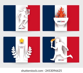 Creative concept templates for branding background banner, poster, card, cover. Set france action sport games in modern paper cut style. Minimalistic design elements. Vector illustration.
