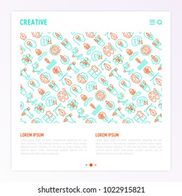 Creative concept with thin line icons: generation of idea, start up, brief, brainstorming, puzzle, color palette, creative vision, genius. Modern vector illustration for banner, web page, print media.