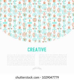 Creative concept with thin line icons: generation of idea, start up, brief, brainstorming, puzzle, color palette, creative vision, genius. Modern vector illustration for banner, web page, print media.