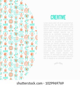 Creative concept with thin line icons: generation of idea, start up, brief, brainstorming, puzzle, color palette, creative vision, genius. Modern vector illustration for banner, web page, print media.