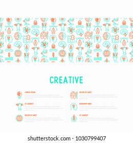 Creative concept with thin line icons: generation of idea, start up, brief, brainstorming, puzzle, color palette, creative vision, genius. Modern vector illustration for banner, web page, print media.