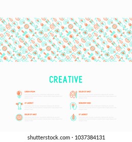 Creative concept with thin line icons: generation of idea, start up, brief, brainstorming, puzzle, color palette, creative vision, genius. Modern vector illustration for banner, web page, print media.