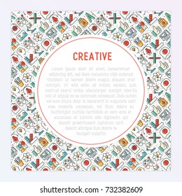 Creative concept with thin line icons of idea, puzzle, color palette, brushes, creative vision, development design. Vector illustration of banner, web page, print media.