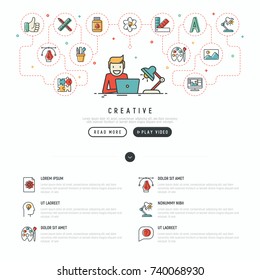Creative concept with thin line icons: designer is working overtime on laptop. Modern vector illustration for banner, web page, print media.