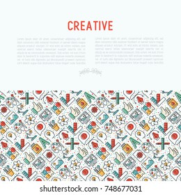 Creative concept with thin line icons of idea, puzzle, color palette, brushes, creative vision, development design. Vector illustration of banner, web page, print media.