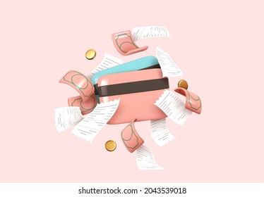 Creative concept Trade cash back. Credit card, pink money dollars, gold coins and cashier's check paper. Realistic 3d design in cartoon style. Business financial investment. Vector illustration