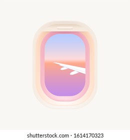 Creative concept of travel by plane. Porthole of airplane. Interior of aircraft with airplane wing and beautiful gradient sunset of view from window. Vector illustration.