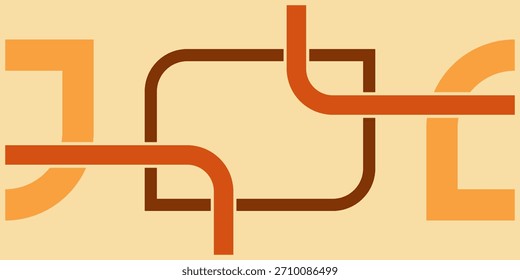 Kreatives Konzept eines einheitlichen Systems, dargestellt durch ein abstraktes geometrisches Muster aus miteinander verflochtenen orangen und braunen Linien auf cremefarbenem Hintergrund