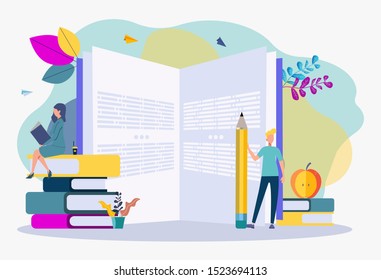 Creative concept of university education, schooling, obtaining an academic degree. Students are reading a book. Colorful vector illustration
