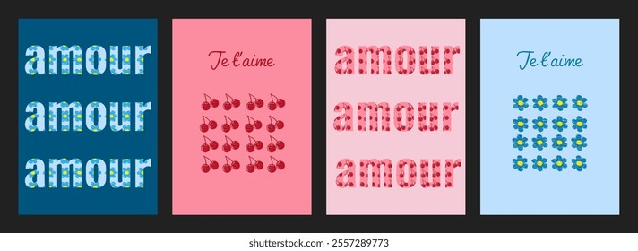 Creative concept of Valentine's Day cards. Modern abstract design with cherries, flowers, and French typography. Templates for celebration, advertising, branding, banners, covers, labels, posters.