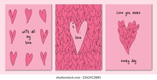 Creative Concept of Valentine's Day Cards. Features Hand-Drawn Hearts, Modern Typography, and Abstract Art Design. Pink Background. Perfect for Templates, Posters, Branding. Flat Vector Illustration. 