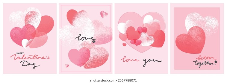 Creative concept of Valentines Day greeting cards. Textured hearts balloons and hand drawn lettering. Invitation, poster, postcard, cover template. Vector illustration