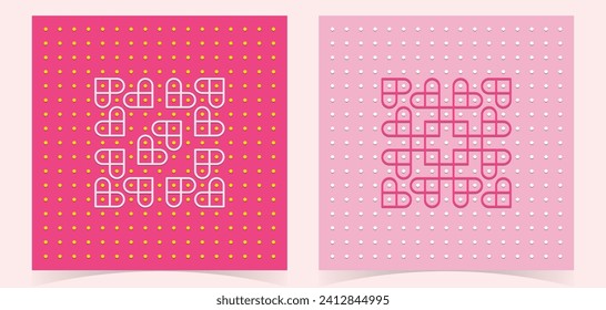 creative concept of valentine's day square template, cards, posters and social media post set. pulli kolam Vector illustration for greeting card, banner design and web ads, promotions.