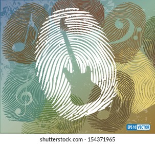 Creative Concept Vector Background - Guitar and Music Notes Symbol on Thumbprint