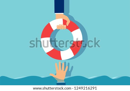 Creative concept vector design of businessman assisting to colleague giving lifebuoy