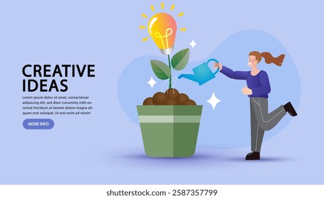 Creative concept vector of an idea growing like a plant. A person waters a potted plant with a glowing light bulb sprouting from it, symbolizing innovation, growth, and the nurturing of new ideas.
