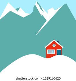Kreatives Konzept, Vektorgrafik einsames Kabinenhaus im Schnee auf europäischem Winterhintergrund.