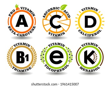 Creative Concept Vektor Set von A, B, C, D, E, K Vitamin-Komplex-Zeichen mit flachem Bildzeichen für die Sonne, Symbole für Cartoons, natürliche gesunde Lebensmittelmarken, bunte organische Öltabletten, chemische Namen