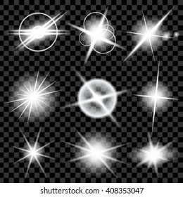 Creative concept Vector set of glow light effect stars bursts with sparkles isolated on black background. For illustration template art design, banner for Christmas celebrate, magic flash energy ray.
