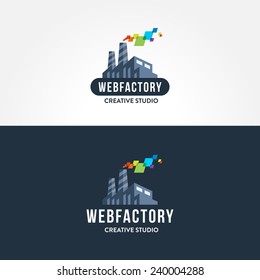 Creative concept for web studio iconic logo design | trendy flat vector icon illustration of factory | visual graphic representation of idea of internet media projects creation and development