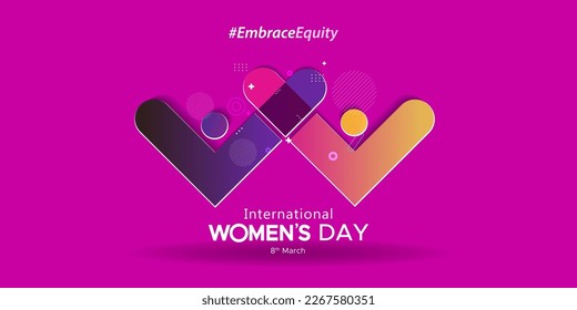 Creative concept of Women's day. Happy International Womens day 8 march text. Women sign symbol logo. Theme of #EmbraceEquity and Break The Bias. Vector illustration