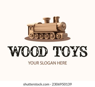 Creative concept wood toys logo with 3d realistic detailed wooden locomotive. From log to train toy idea. Design for print, emblem, t-shirt, party decoration, sticker, logotype