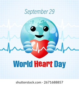 Creative concept for World Heart Day wallpaper banner. Day of Heart celebration. Advertising design. Social media poster with 3D elements and ecg scheme. Greeting card template