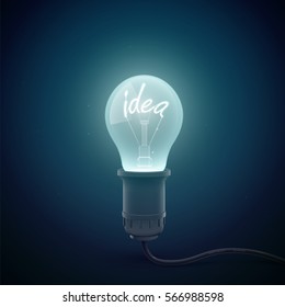 Creative conceptial background with glowing light bulb image in a dark room environment with luminant word idea inside vector illustration
