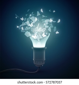 Creative conceptual background with bursting glow lamp in bulb surrounded by elucidated idea glass shards vector illustration