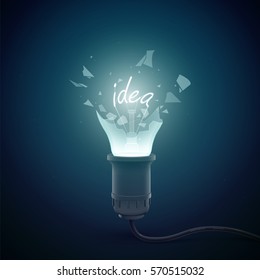 Creative conceptual background template with bursting electric lamp with filament word idea on dark background vector illustration