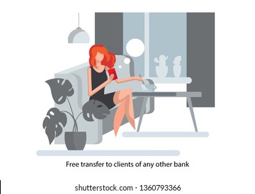 Creative conceptual business banking finance vector illustration. Woman using mobile banking app.