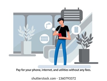 
Creative conceptual business banking finance vector illustration. Man using mobile banking app.