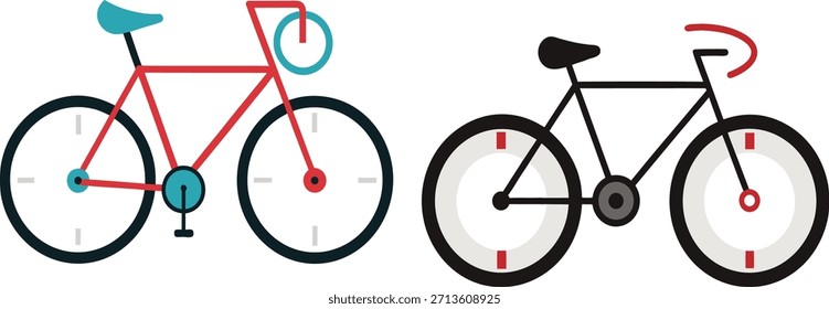 Ilustración conceptual creativa de una bicicleta con ruedas de reloj que simbolizan el tiempo, la velocidad y el equilibrio del estilo de vida. Diseño mínimo aislado en el fondo blanco, ideal para los negocios, los viajes y la gestión del tiempo