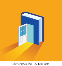 Creative conceptual illustration of a blue book with an open door emitting light, symbolizing knowledge, opportunity, learning, imagination, and new beginnings. Minimal modern design with vibrant colors and long shadow style. Ideal for education, World Book Day themes, personal growth, inspiration, academic success, and opportunity concepts for print and digital use.
