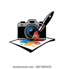 Creative conceptual illustration combining a camera and a paintbrush with colorful paint splatters, representing graphic design, digital art, and creative photography.