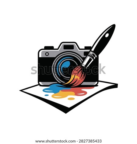 Creative conceptual illustration combining a camera and a paintbrush with colorful paint splatters, representing graphic design, digital art, and creative photography.