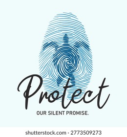 A creative conceptual illustration featuring a sea turtle silhouette formed within a human fingerprint. The design includes the text 