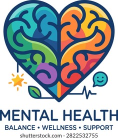 A creative conceptual illustration featuring a stylized brain and heart shape, symbolizing the connection between mental health, emotional well-being, and cognitive psychology in vibrant colors.