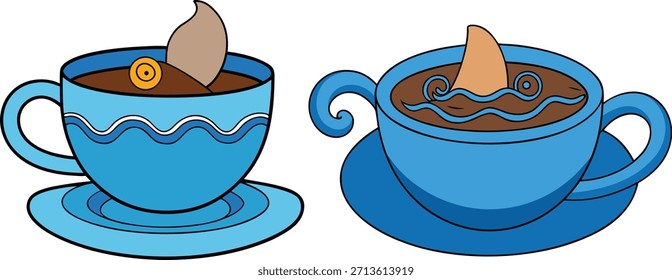 Kreatives Konzeptbild einer Kaffeetasse, die in eine Ozeanszene mit Miniaturwellen und einem kleinen Boot verwandelt wurde, das Getränkekunst und surreale Fantasie verbindet, perfekt für Reisen, Fantasie und Kreativität