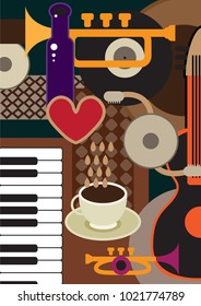 Creative conceptual music festival vector. Musical instruments and coffee.