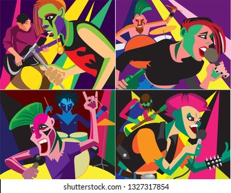 Creative conceptual music festival vector set. Band playing punk rock music.