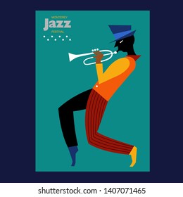 Creative conceptual music festival vector. Trumpet player performs jazz. Jazz Flyer Template. 