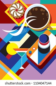 Creative conceptual still life vector. Camera coffee and cocktail.