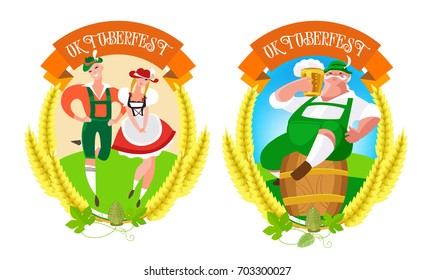 Creative conceptual vector illustration of Oktoberfest logo. Oktoberfest celebration design with man and woman dancing and beer.