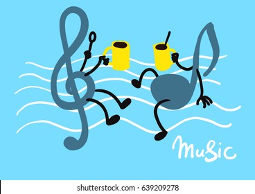 Creative conceptual vector. Music notes with coffee cups.