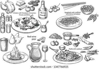 Creative conceptual vector set. Sketch hand drawn set of 4 bestseller Mediterranean dishes pasta chicken wine vegetables seafood illustration, engraving, ink, line art, vector.