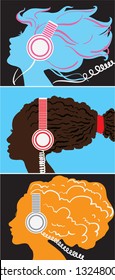 Creative conceptual vector set. Woman listening to the music in headphones.