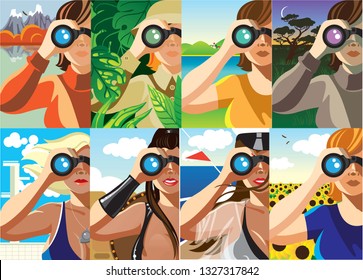 Creative conceptual vector set. Woman looking through the binoculars.